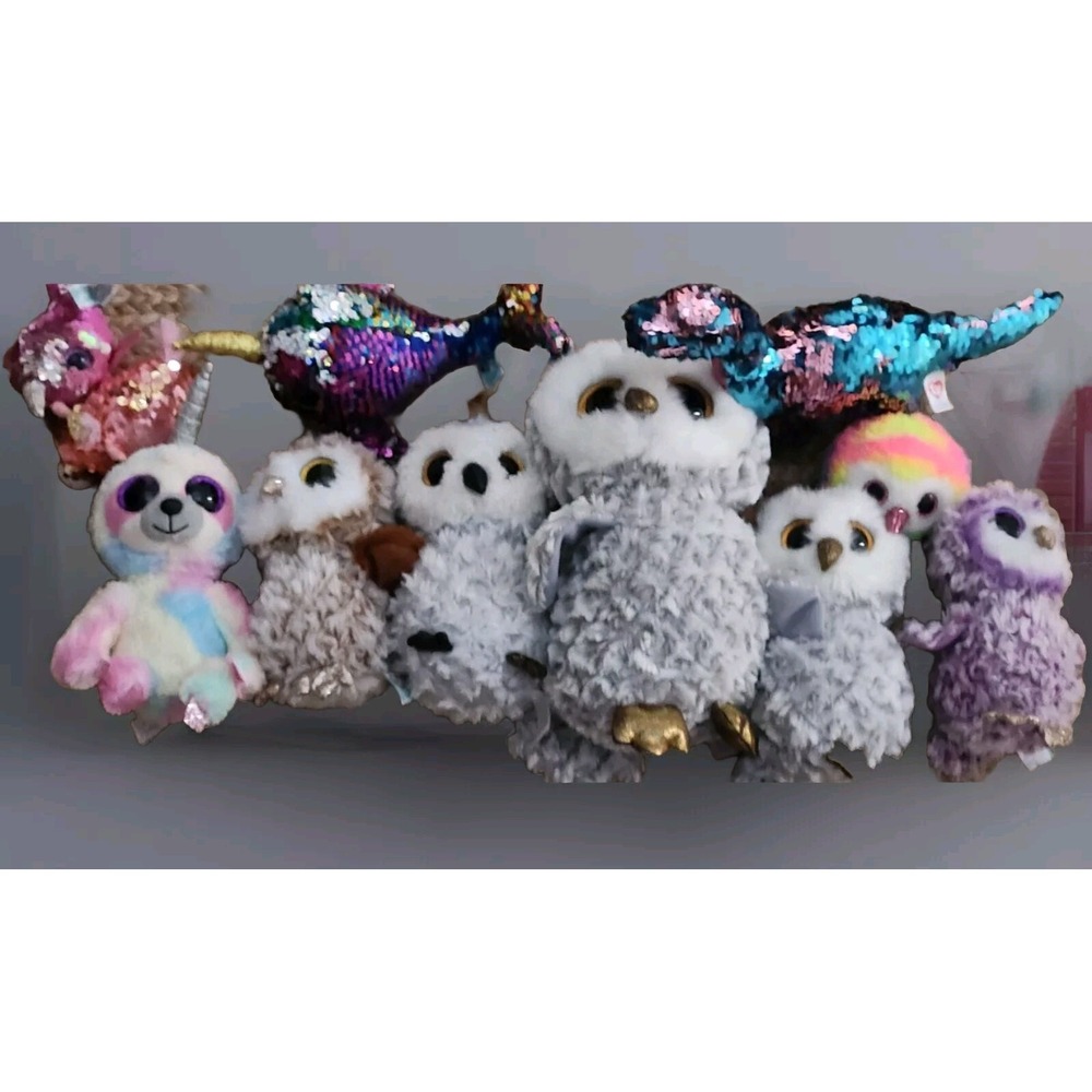 Ty Beanie‎ Boos Lot of 10 Plush Owls Sloth Narwhal Sequin Dinosaurs